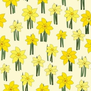 Hand drawn yellow daffodils with their stalks on light yellow background
