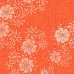 Medium 12” repeat Heritage vintage coordinate for sewing notions with whimsical lacy flowers on faux woven burlap texture in coral 
