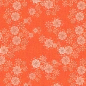 Small 6” repeat Heritage vintage coordinate for sewing notions with whimsical lacy flowers on faux woven burlap texture in coral 