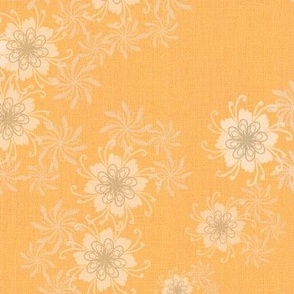 Medium 12” repeat Heritage vintage coordinate for sewing notions with whimsical lacy flowers on faux woven burlap texture in Pantone Peach fuzz, just peachy