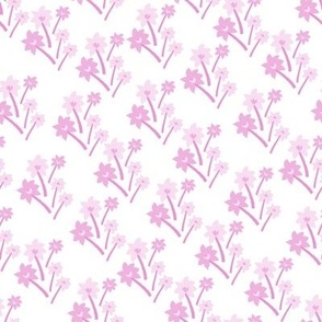 Toile de jouy style vector artwork of pink daffodils on white background