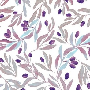 Olive branches watercolor tossed pattern purple and blue branches on white background