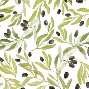 Olive branches watercolor tossed pattern white background