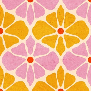 70's retro pink and yellow textured hippie flower ogee pattern (large)