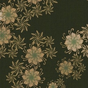 Medium 12” repeat Heritage vintage coordinate for sewing notions with whimsical lacy flowers on faux woven burlap texture in very dark green
