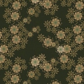 Small 6” repeat Heritage vintage coordinate for sewing notions with whimsical lacy flowers on faux woven burlap texture in very dark green