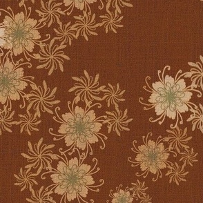 Medium 12” repeat Heritage vintage coordinate for sewing notions with whimsical lacy flowers on faux woven burlap texture in rusty brown