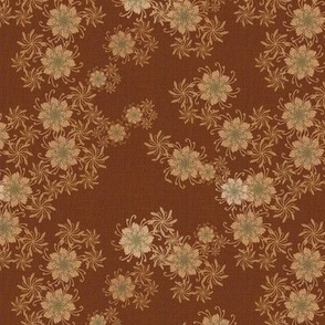 Small 6” repeat Heritage vintage coordinate for sewing notions with whimsical lacy flowers on faux woven burlap texture in rusty brown