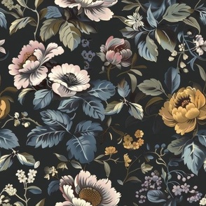 Rich White, Pink, and Gold Wild Roses with Blue Leaves on Black