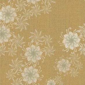 Medium 12” repeat Heritage vintage coordinate for sewing notions with whimsical lacy flowers on faux woven burlap texture on sage neutral green buff