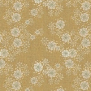 Small 6” repeat Heritage vintage coordinate for sewing notions with whimsical lacy flowers on faux woven burlap texture on sage neutral green buff