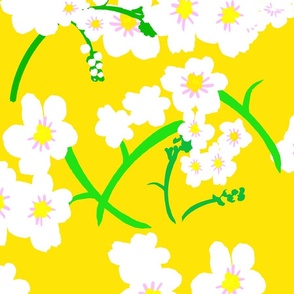Forget Me Not Flowers Big Silhouette Floral Garden In White And Pastel Pink With Grass Green On Bright Lemon Yellow Retro Modern Maximalist Mid-Century Overlay Repeat Pattern