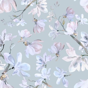 Large Dreamy Magnolia / White Flowers / Blue / Watercolor