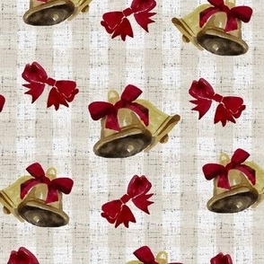 Vintage Christmas - Bells and Bows - Gingham Cream Background