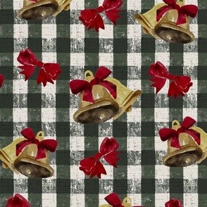 Vintage Christmas - Bells and Bows - Gingham Dark Green Background