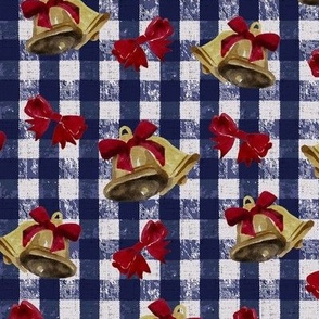 Vintage Christmas - Bells and Bows - Gingham Navy Background