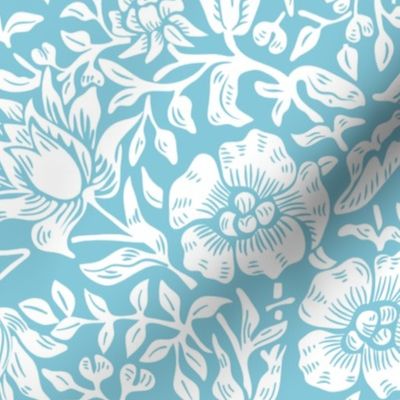 British Vintage William Morris and Co.  Mallow Floral in White and Bahama Blue Scale Large