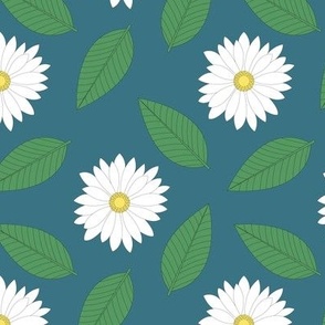 White Daisies with Leaves on Smoked Aqua