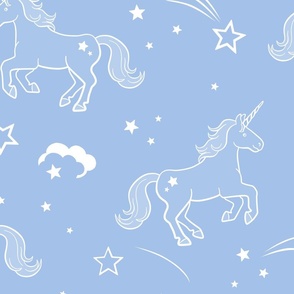 Unicorns with stars and clouds in cornflower - x-jumbo scale