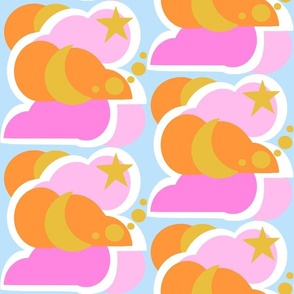 Palm Royale Moon and Stars And Clouds Mini 60’s Bright Tropical Tangerine Orange And Pink With Gold On Pastel Sky Baby Blue Psychedelic Mod Mid-Century Celestial Night Half-Drop Pattern