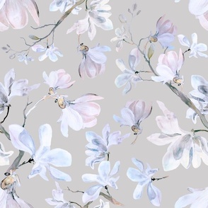 Large Dreamy Magnolia Flowers on Grey / White Flower / Watercolor