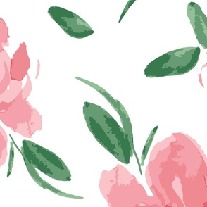 Large Watercolor floral peony pink green on white