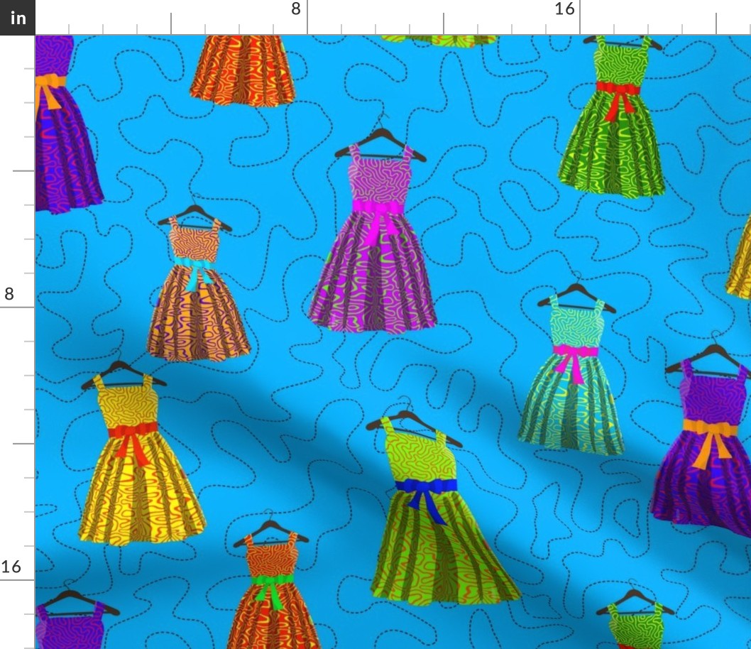 50s vintage fashion - vibrant colorful dresses on a luminous deep sky blue background with a stitched meander quilt pattern (large scale)