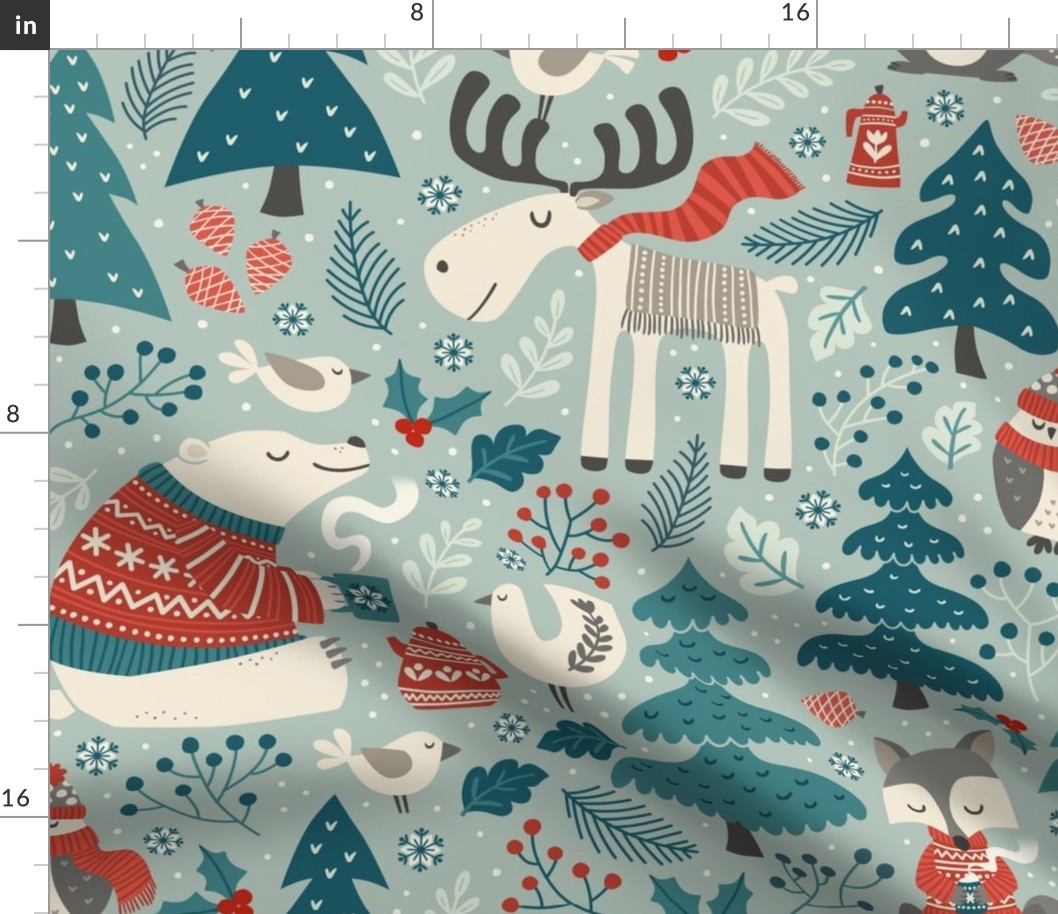cozy christmas forest - teal / red / mint (large scale)