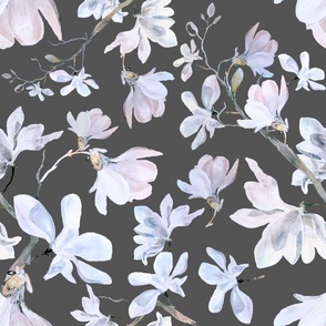 Large Dreamy Magnolias on Charcoal Grey / White Flowers