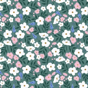 Sweet Country Garden - Florals on Green