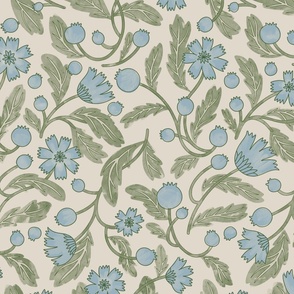 (m) FRENCHIE romantic historical-inspired intertwining trailing florals in Moss Green, Light Dusty Blue And Linen Off-White