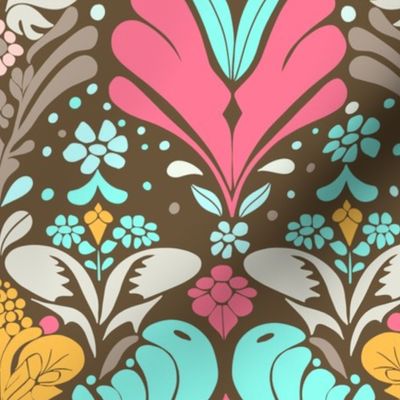 Abstract Garden Tapestry -  Brown - Blue - Pink - Grey - Yellow  ( Medium )