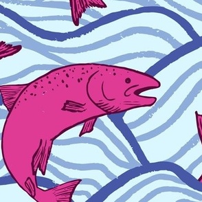 L - Jumping Salmon - Purple Blue Waves, Pink Fish