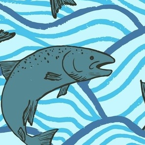 L - Jumping Salmon - Sea Blue Waves, Grey Green Fish
