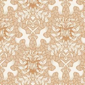 welcome home with loving birds wallpaper - peachy beige - medium scale
