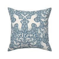 welcome home with loving birds wallpaper - light dusty blue - large scale