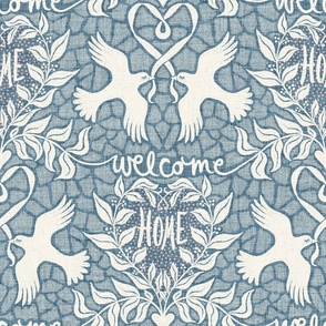 welcome home with loving birds wallpaper - light dusty blue - large scale