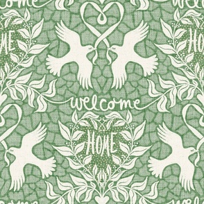 welcome home with loving birds wallpaper - sage green - large scale