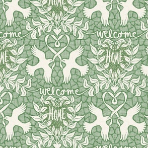 welcome home with loving birds wallpaper - sage green - medium scale