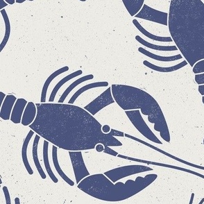 Large lobster block print indigo blue cream