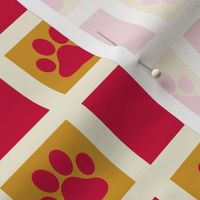 Whisker Print Squares // medium print // Cat Paw Prints on Cabaret Crimson & Golden Marquee Yellow Checkerboard Grid