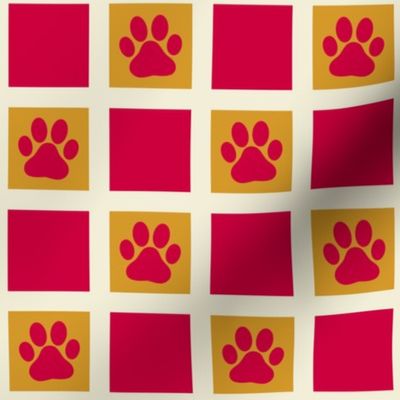 Whisker Print Squares // medium print // Cat Paw Prints on Cabaret Crimson & Golden Marquee Yellow Checkerboard Grid