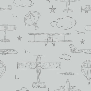 Nursery boy airplane, aircrafts, plane, balloons, clouds, sky, monochrome, stars SW Misty-01