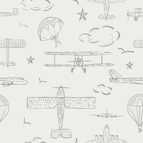 Nursery boy sky with airplanes, balloons, parachute clouds and stars in monochrome grey SW Extra White