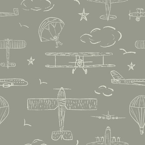 Nursery boy sky with airplanes, balloons, parachute clouds and stars in monochrome artichoke green  SW Evergreen Frog
