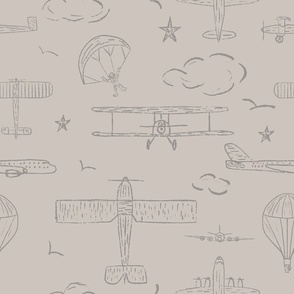 Nursery boy sky with airplanes, balloons, parachute clouds and stars in monochrome brown SW Alpaca-08