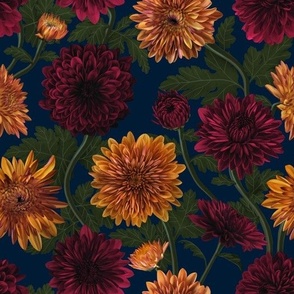 Marvelous Mums  Chrysanthemum Pattern in Navy