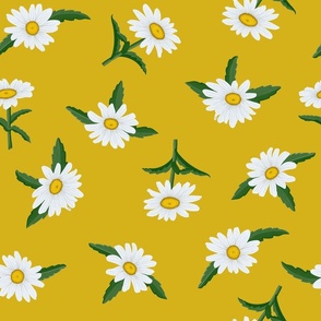 White Shasta Daisies, Lg Scattered Floral Pattern, White Flowers, Yellow Centers, Dark Green Leaves, Yellow Gold Background
