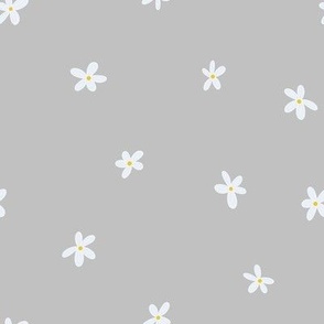 White Daisies, Sm Loose Tossed Floral Dot Pattern, White Flowers, Yellow Centers, Light Gray  Background