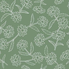 White Daisy Sm Outline Flowers, Stems and Leaves Trailing Line Floral Pattern, Medium Green Background